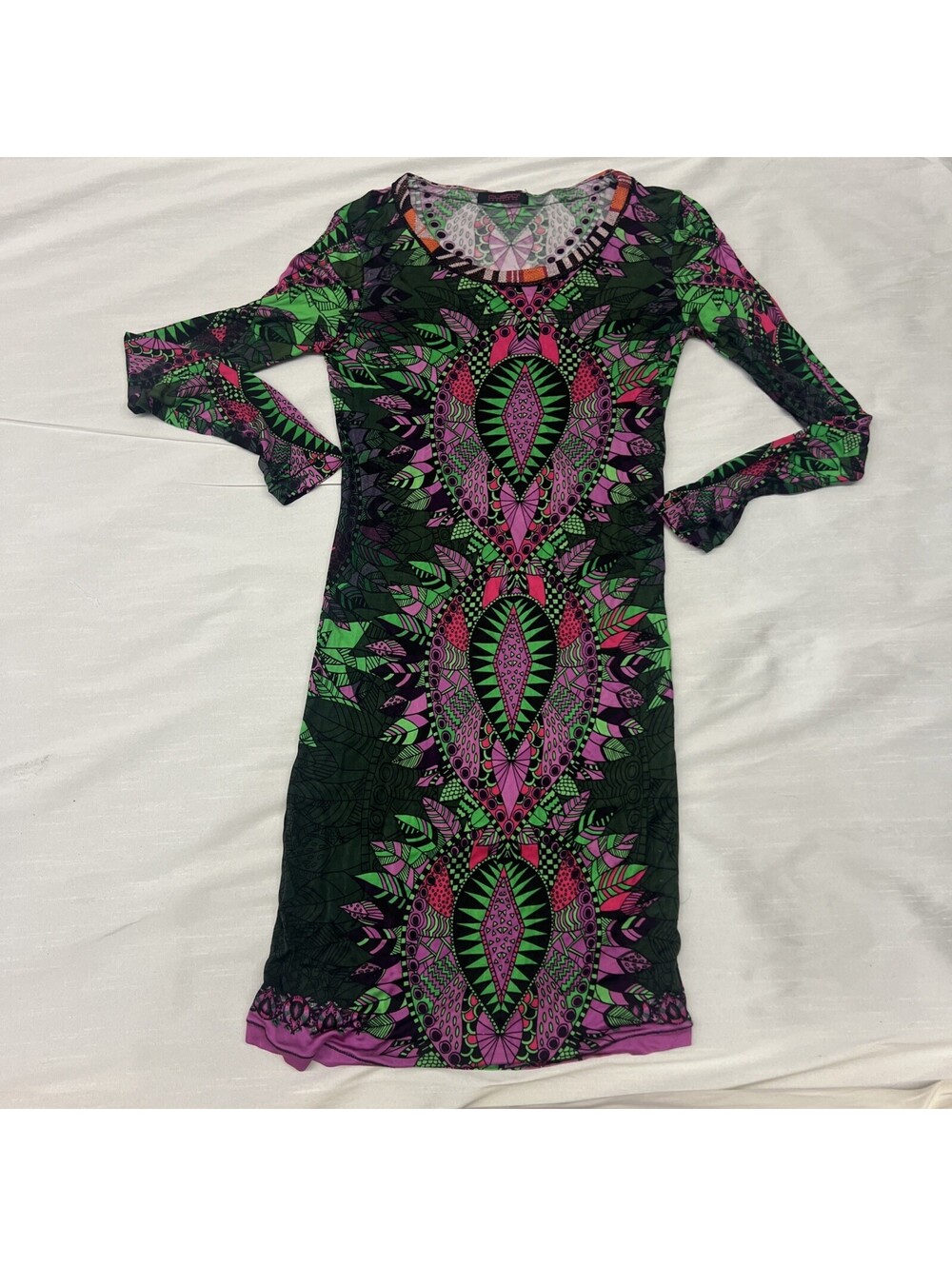 Custo Barcelona Vintage Psychedelic Bodycon Dress Colorful Graphic Print Size 1S